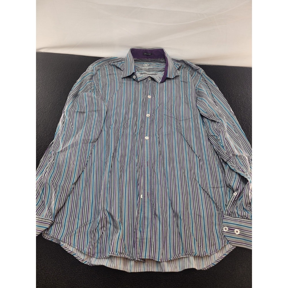 Bugatchi Uomo Shirt Mens L Blue Striped Long Sleeve Button Front 100% Cotton
